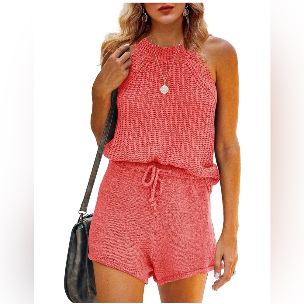 New Summer High Neck Sleeveless Knit Tank Top with Drawstring Beach Shor…